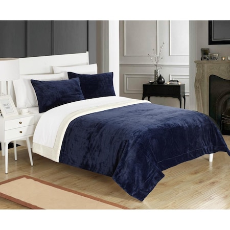 Chic Home SB4797-US 2 Piece Eve Blanket Set Soft Sherpa Lined Microplush Faux Mink; Navy